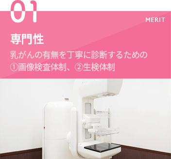 専門性　乳がんの有無を丁寧に診断するための①画像検査体制、②組織生検体制